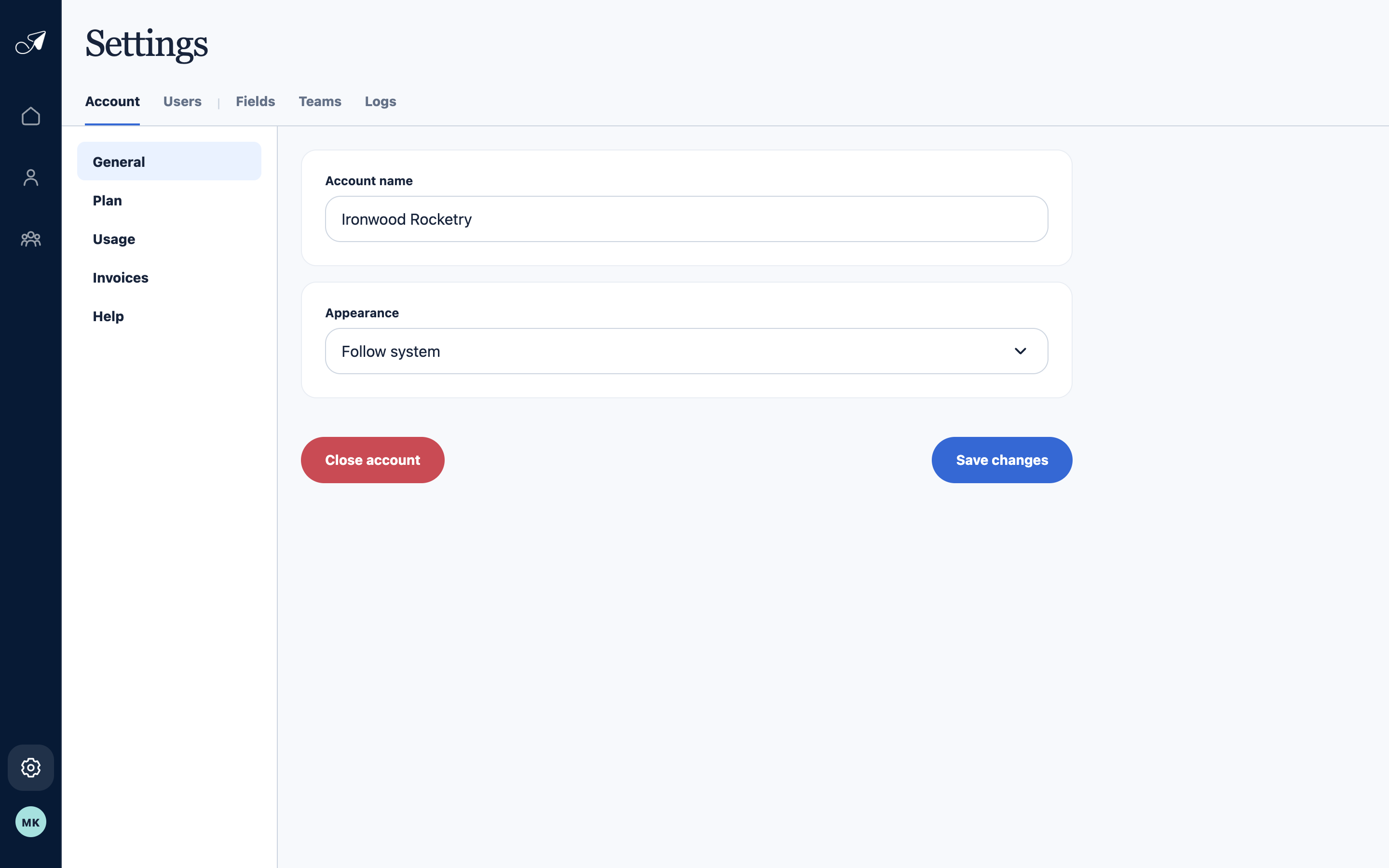 Crisp TellTell Account General settings showing account name, appearance, Close account, and Save changes.