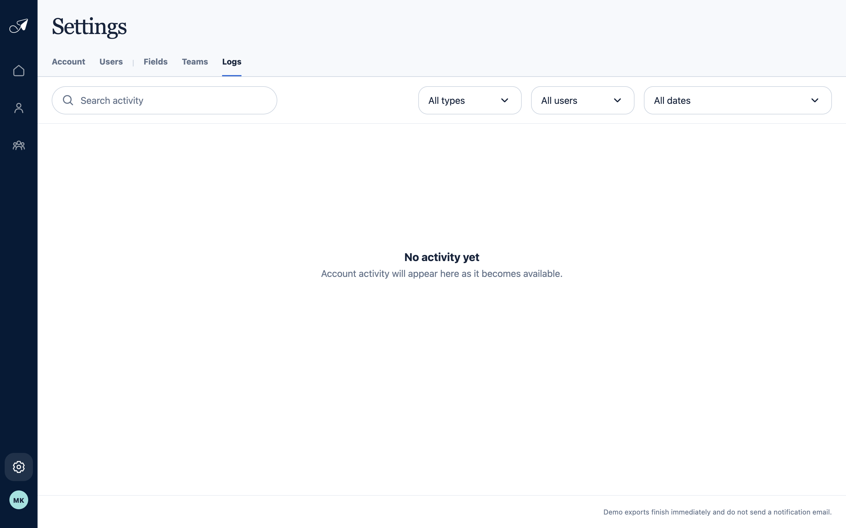 Crisp TellTell Logs settings showing activity search and filters for type, user, and date.