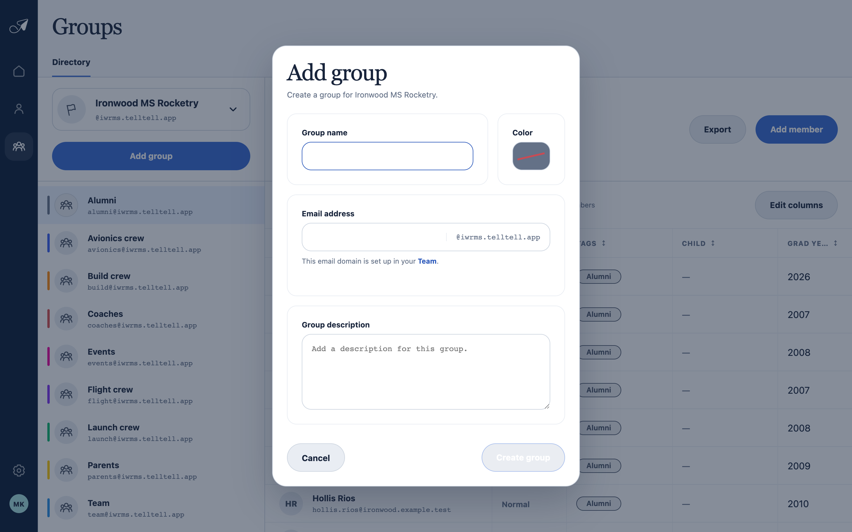 Crisp TellTell Add group dialog showing group name, color, email prefix with inherited team domain, and description.