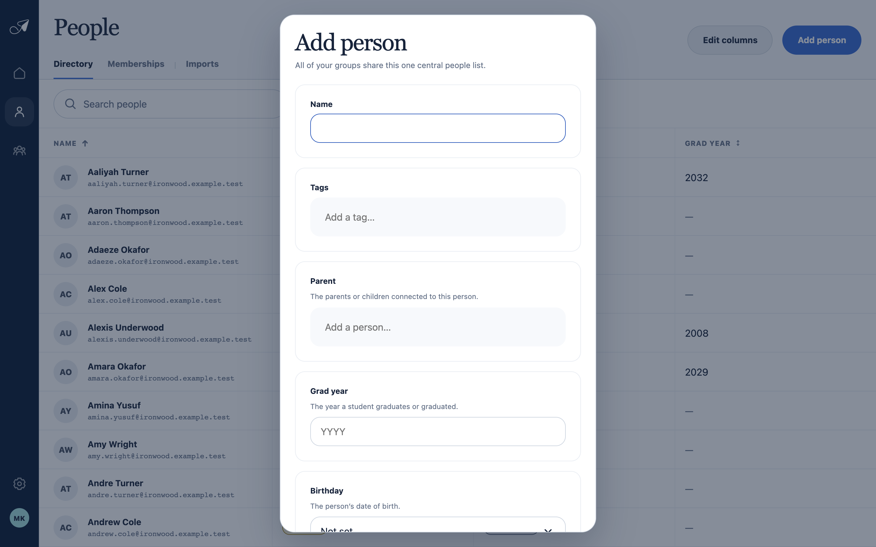 Crisp TellTell Add person dialog with name, tags, relationship, graduation year, and birthday fields.