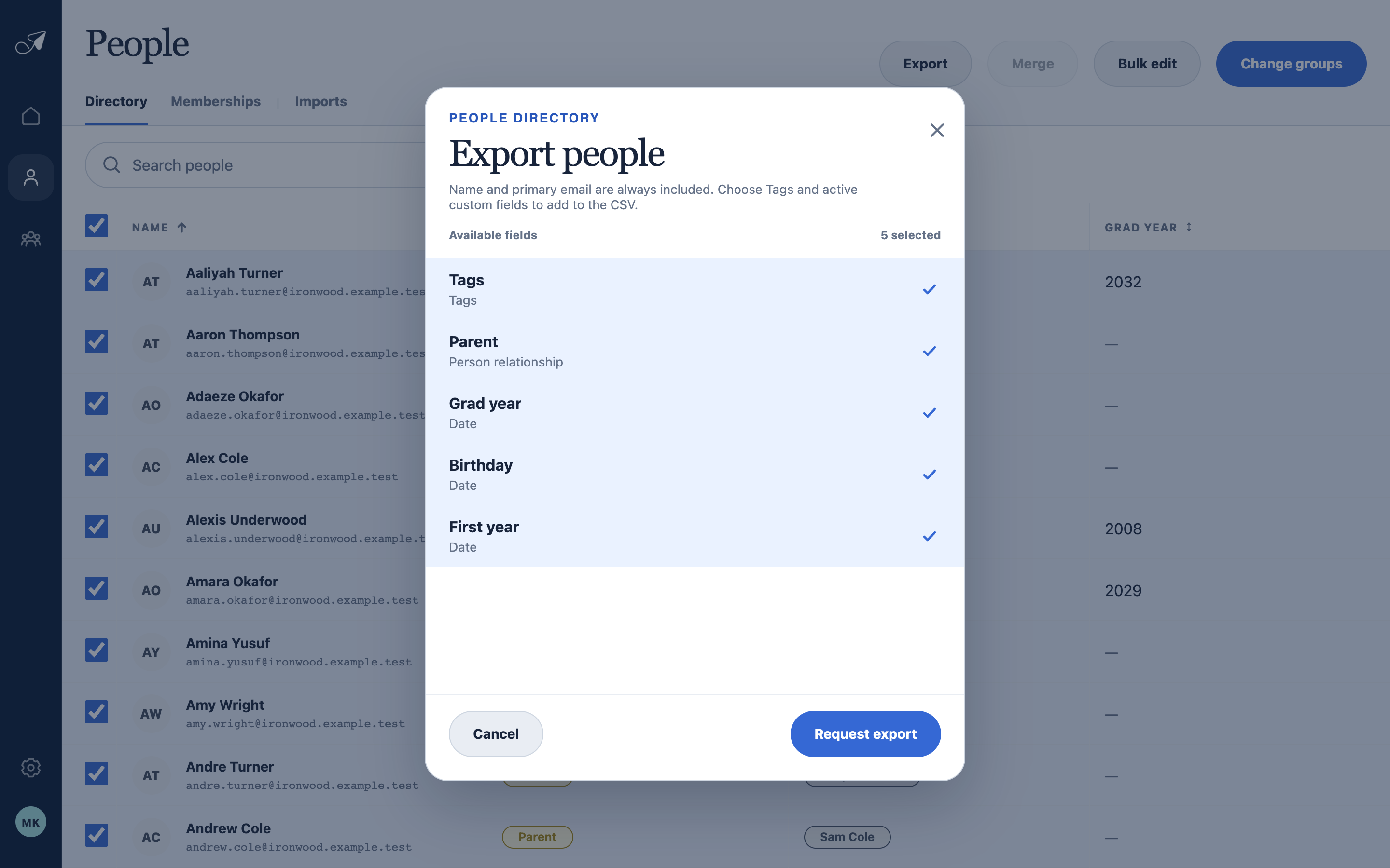 Crisp TellTell People directory export dialog showing selected people, always-included identity columns, optional active fields, and Request export.