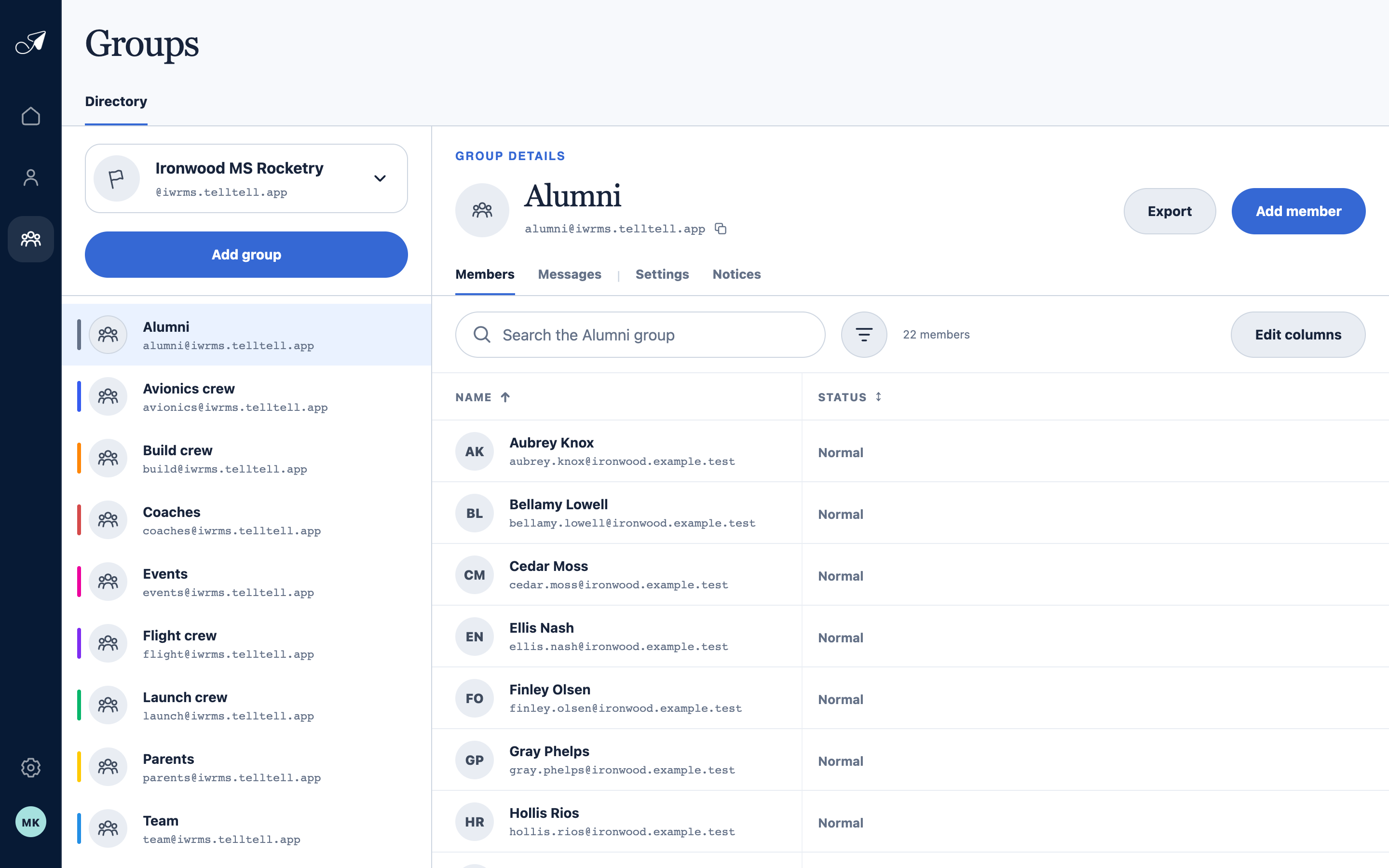 Crisp TellTell Groups view showing a selected team, group address, member list, and Add people control.