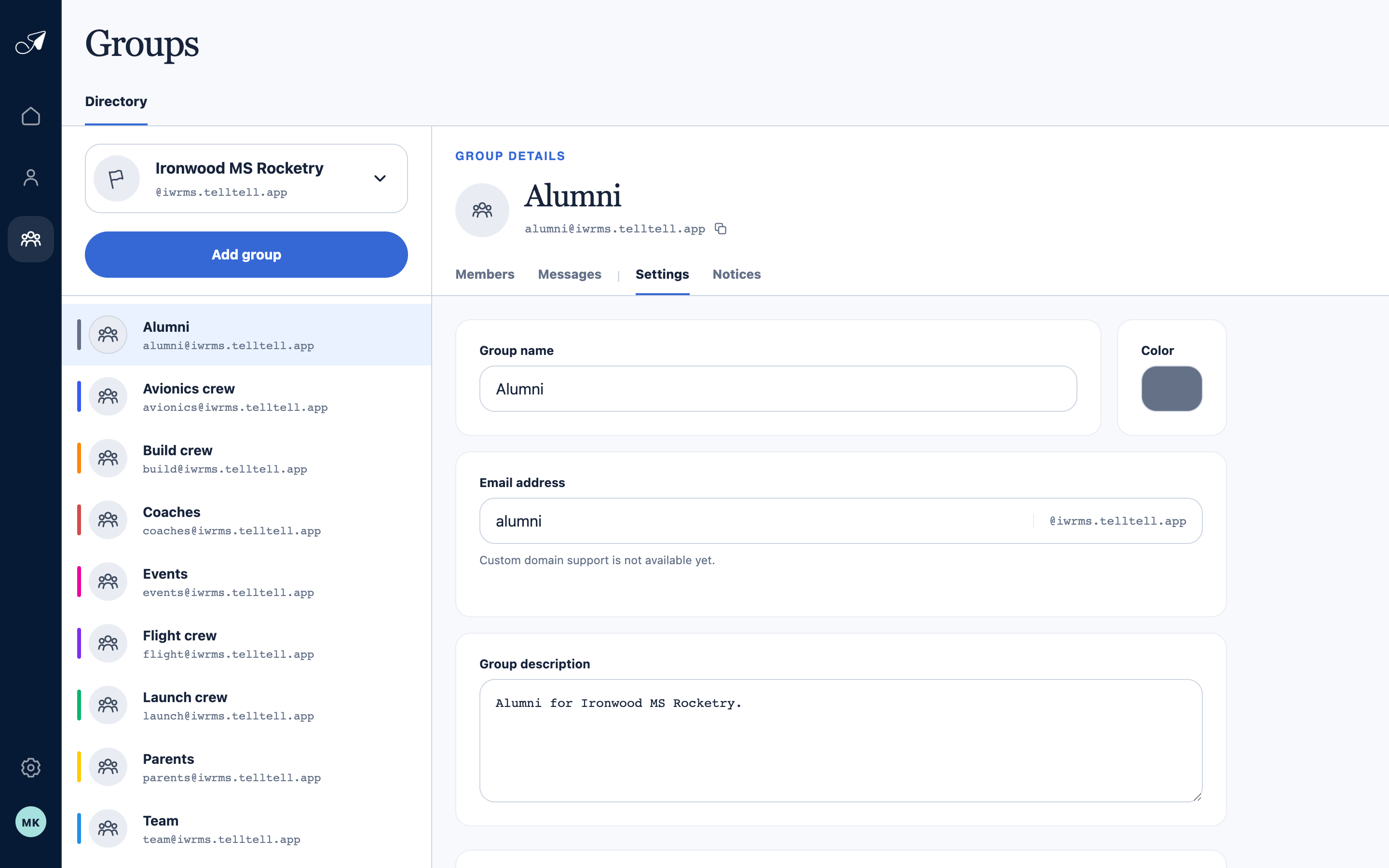 Crisp TellTell Alumni group Settings showing editable group name, color, email address prefix, and description.