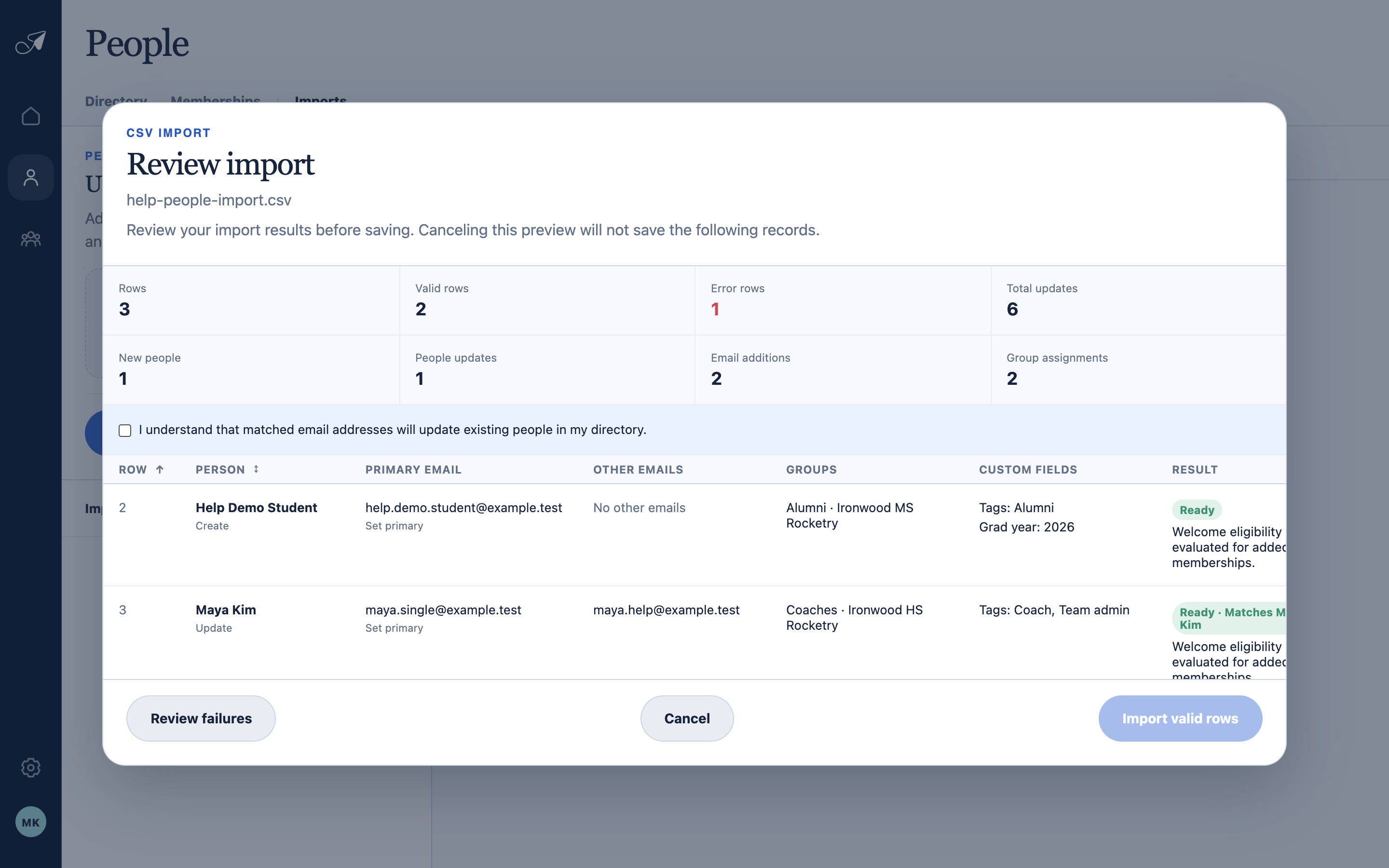 TellTell CSV import review using synthetic Ironwood Rocketry people and group assignments