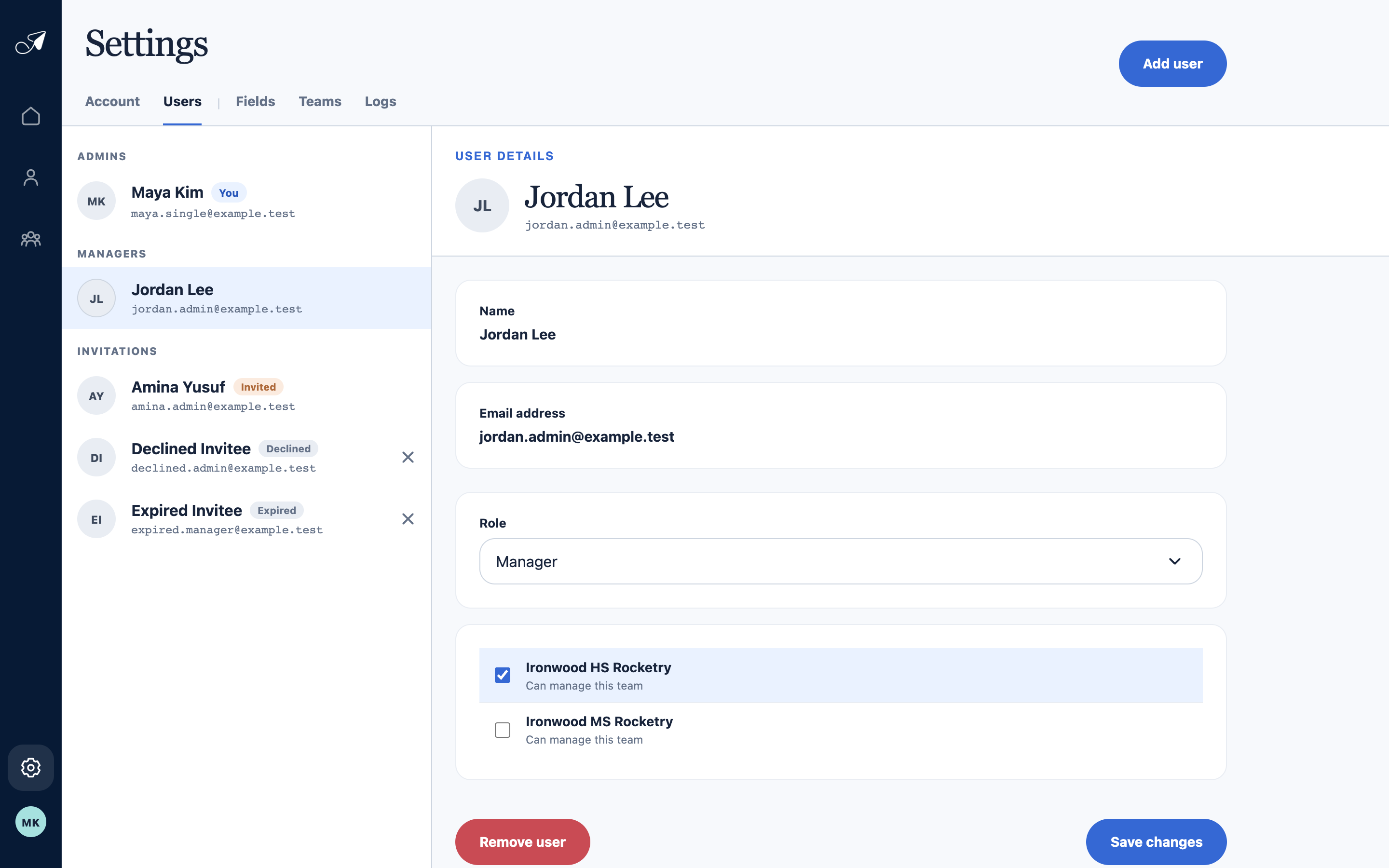 Crisp TellTell Users settings showing Jordan Lee as a Manager with access to one selected team and another team unselected.