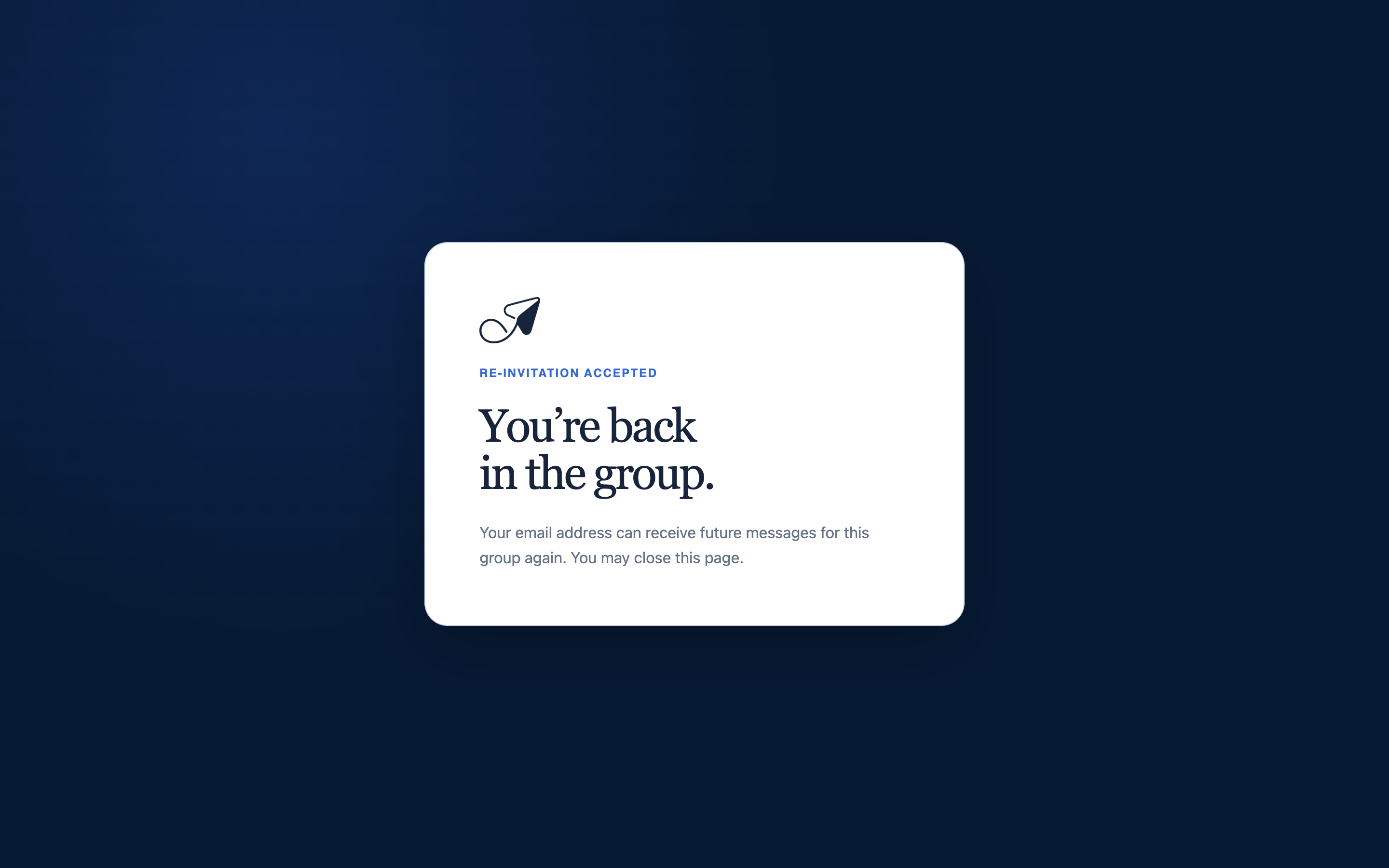 Crisp TellTell public re-invitation result confirming that one email address can receive future messages for the group again.
