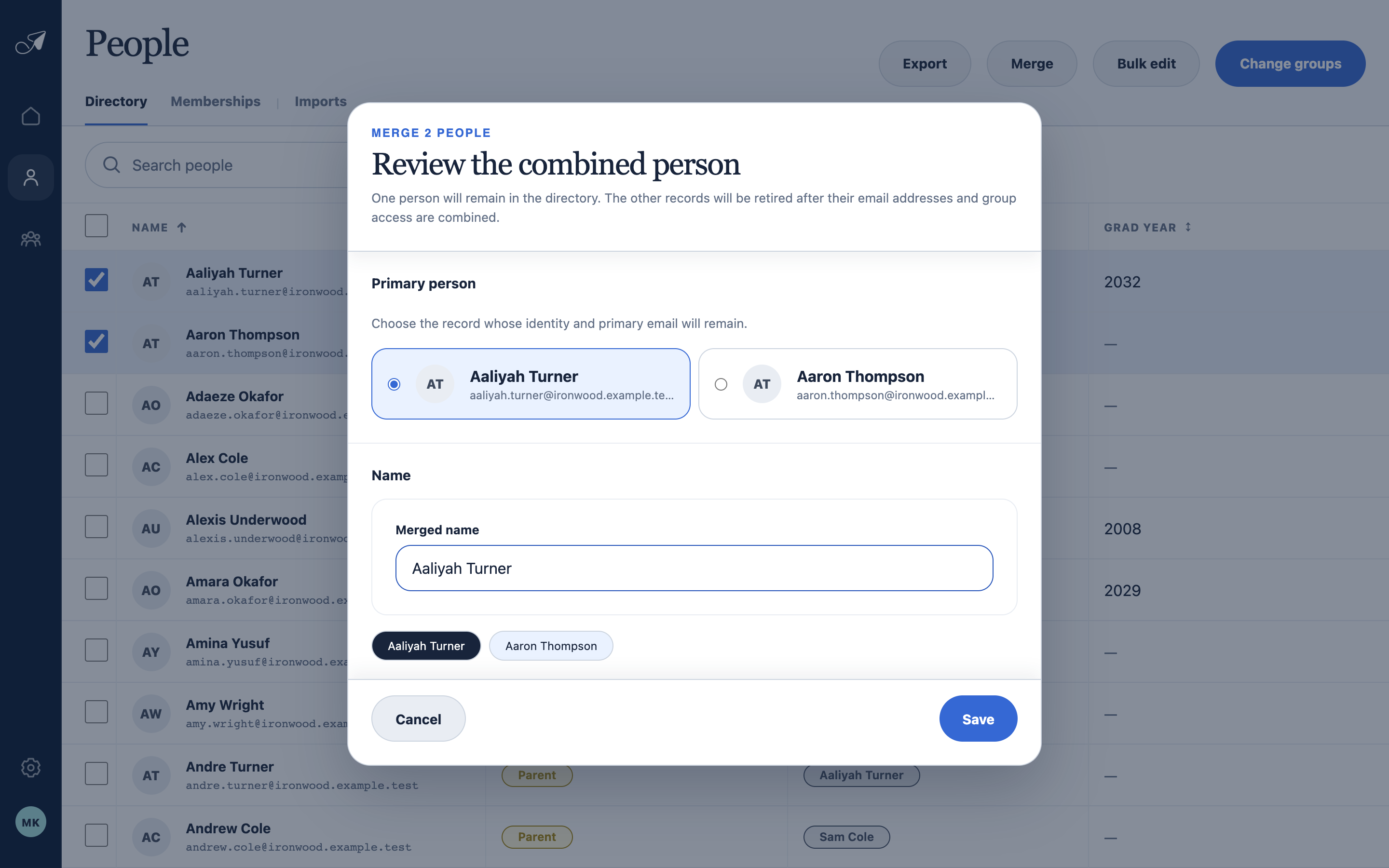 Crisp TellTell merge review showing two selected people, the primary record choice, and the merged name.