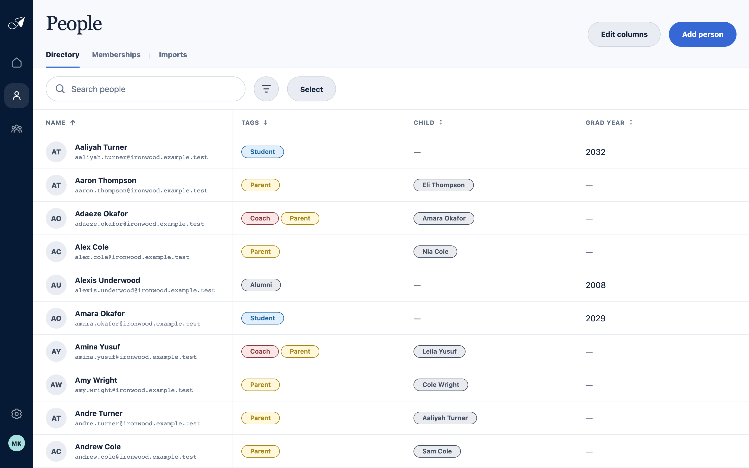 TellTell People directory with synthetic Ironwood Rocketry members, tags, relationships, and graduation years