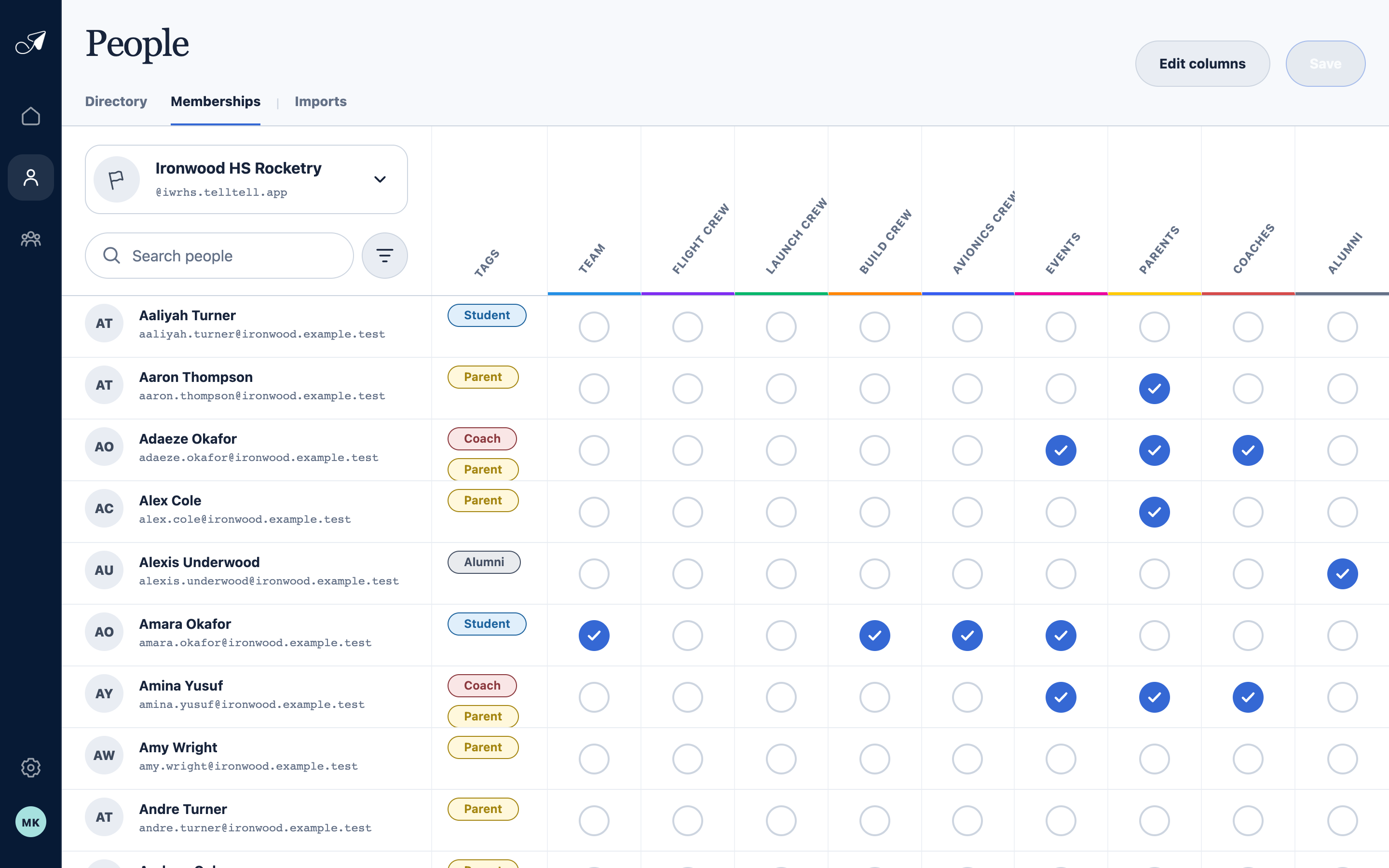 Crisp TellTell People Memberships grid with team selector, search, filters, person rows, group columns, and membership checks.