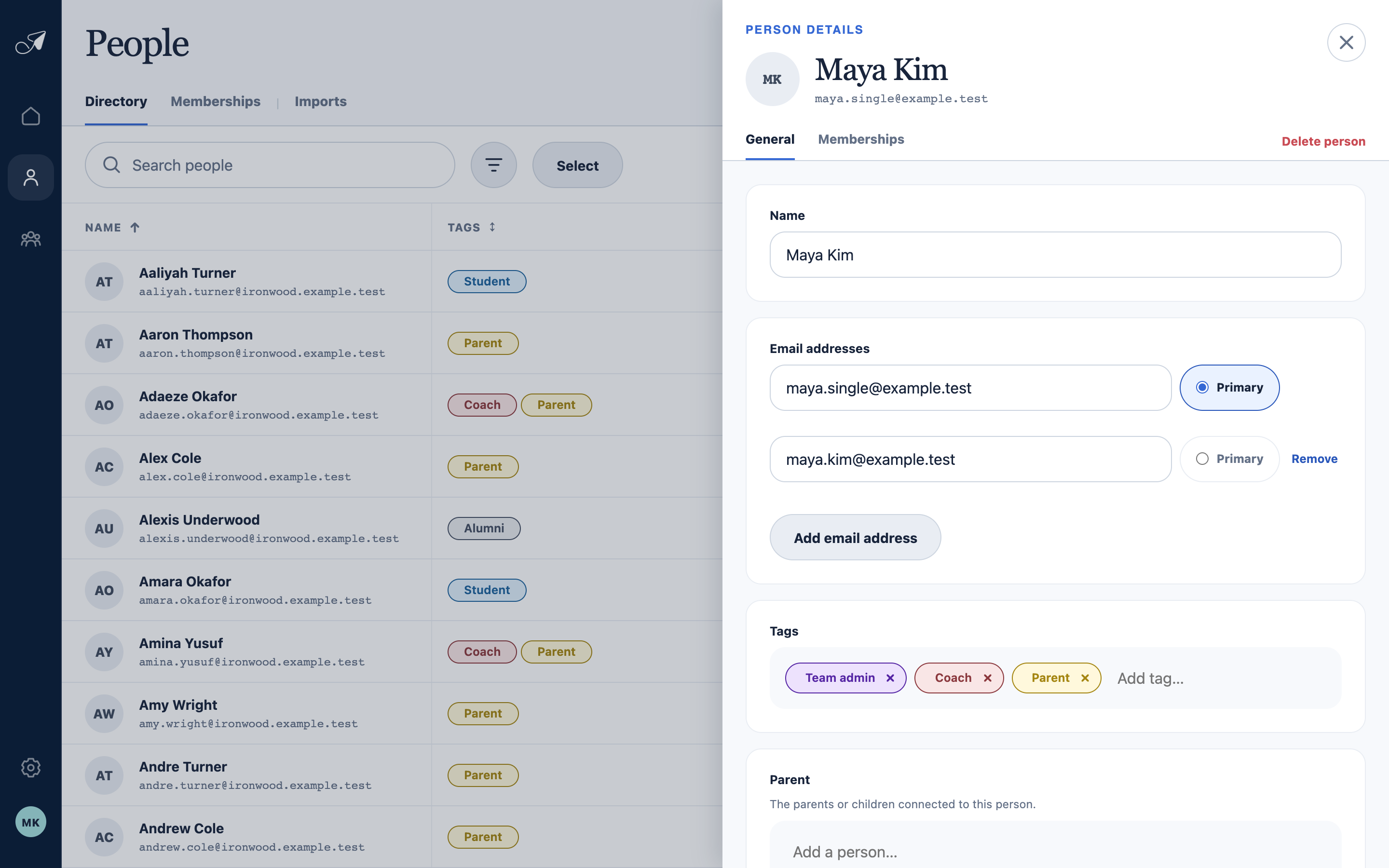 Crisp TellTell person details showing Maya Kim’s name, two email addresses, Primary choice, tags, and relationship fields.