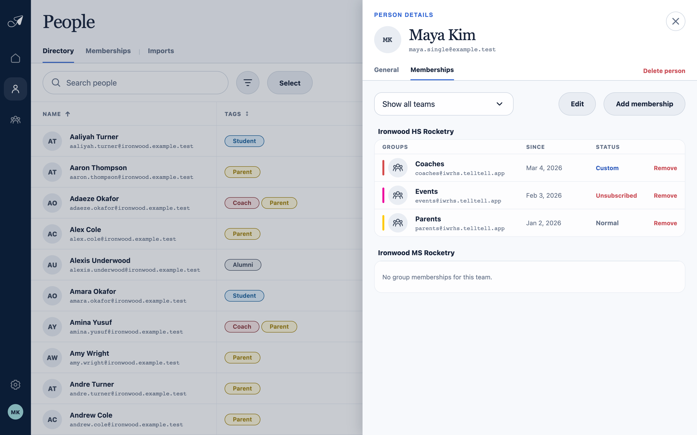 Crisp TellTell Memberships view for Maya Kim with team filter, group rows, joined dates, statuses, and membership actions.